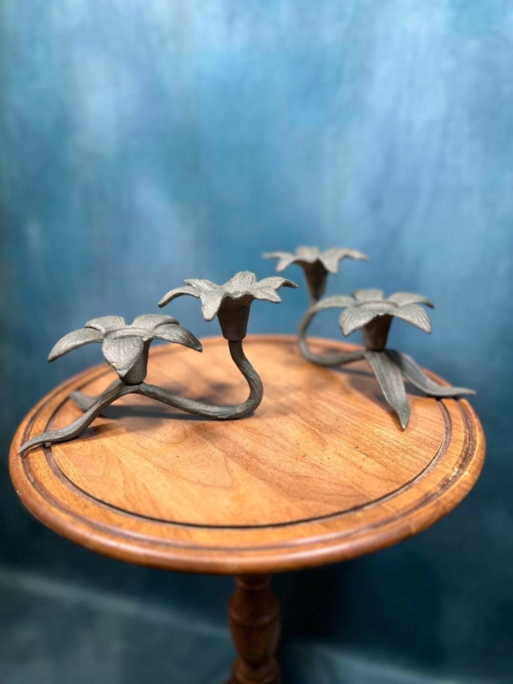 Wrought Iron Floral Candle Holders - Set of 3, Dark Metal